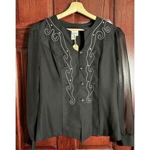 Montrez Vintage Western Blouse Size M Black Embroidered Rhinestone Sheer Sleeve